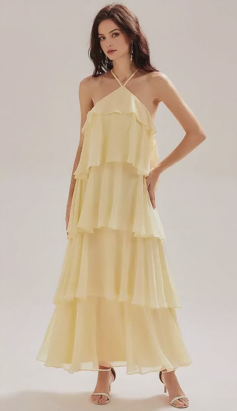 Charming Yellow A-Line Halter Neck Sleeveless Tiered Ruffled Crisscross Back Chiffon Floor-Length Prom Dresses