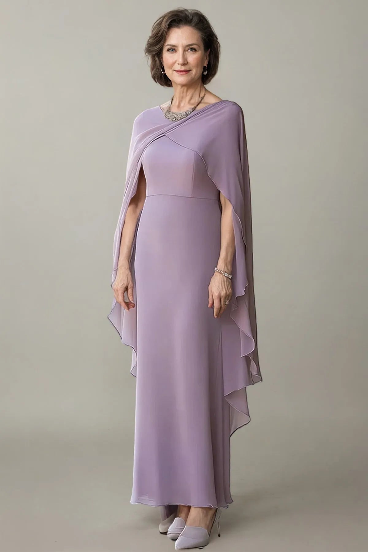 Elegant A-Line Cowl Neck Cape Sleeves Wrap Back Floor-Length Mother Of The Bride Dresses