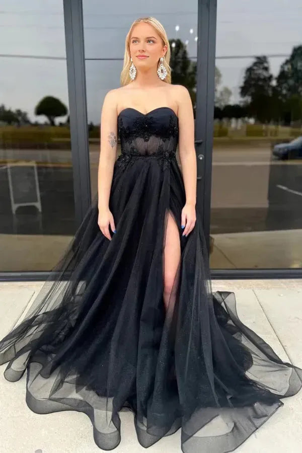 Romantic Black A-line Sweetheart Neck Strapless Lace Up Lace Tulle High Side Slit Prom Dresses
