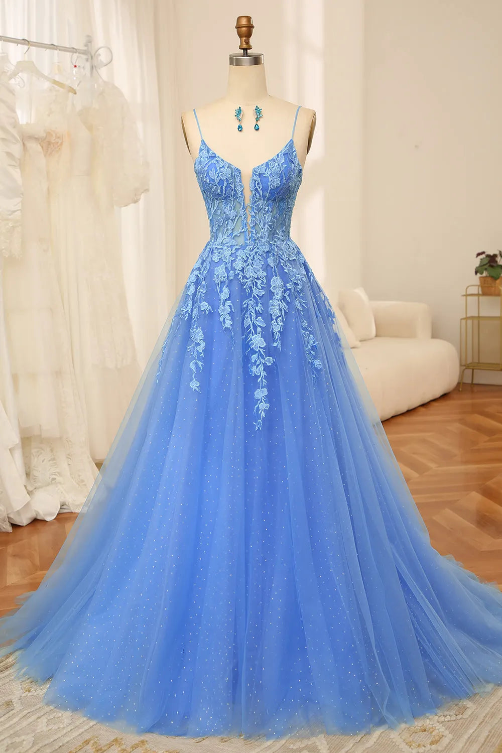Glamorous Blue A Line Plunging V-Neck Spaghetti Strap Lace Glitter Tulle Train Prom Dress with Beaded Appliques